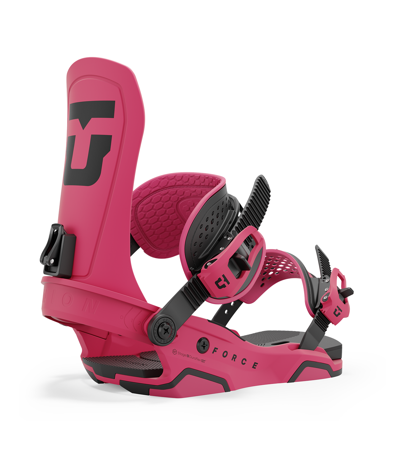 Union force 24/25 model snowboard bindings, matt magenta with black adjustable straps. black union force logos