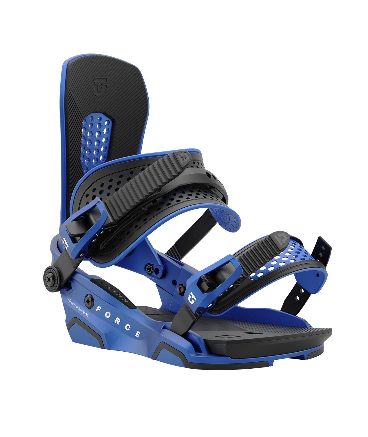 Union force 24/25 model snowboard bindings, matt metallic blue with black adjustable straps. white union force logos