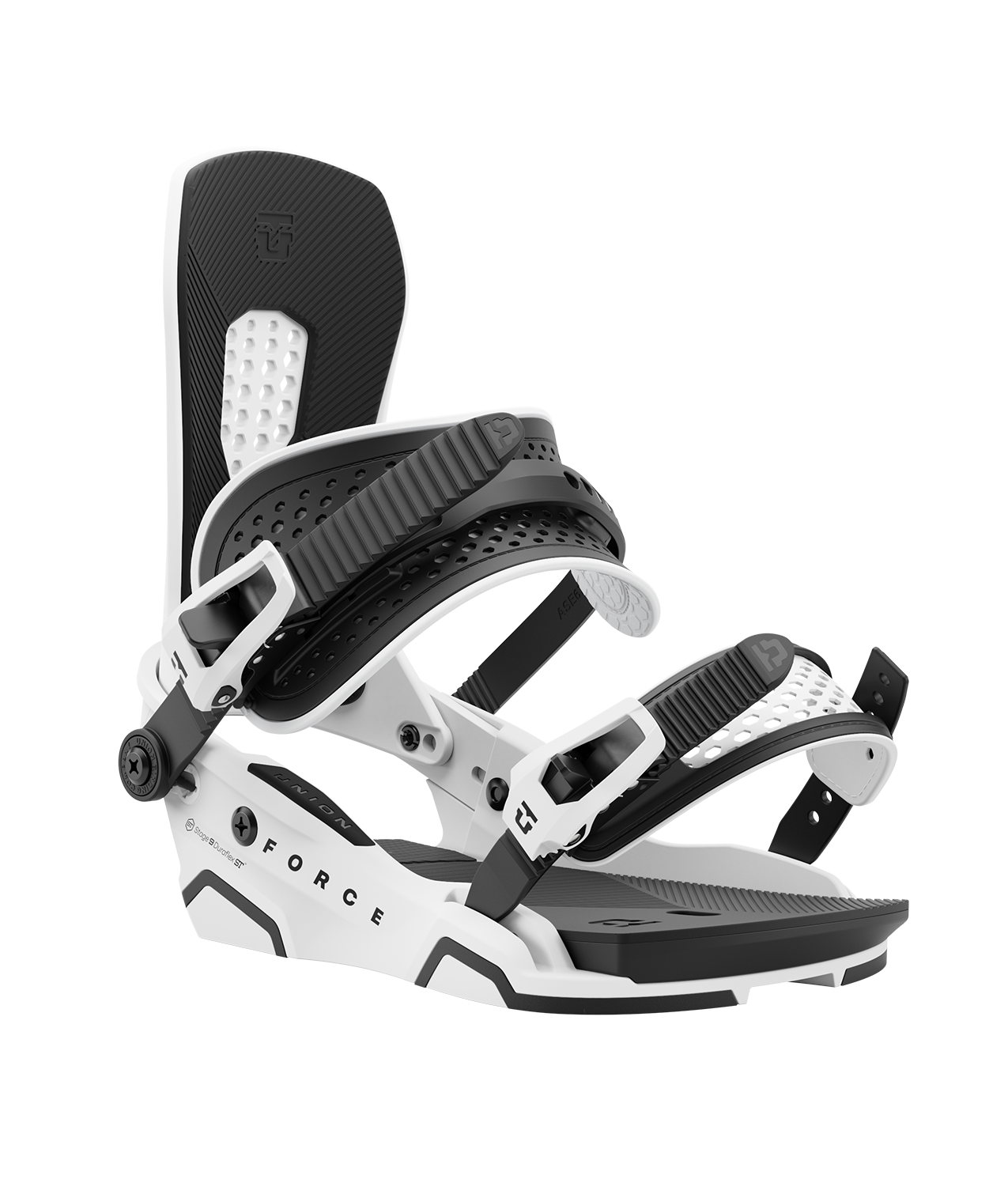 Union force 24/25 model snowboard bindings, matt white with black adjustable straps. black union force logos