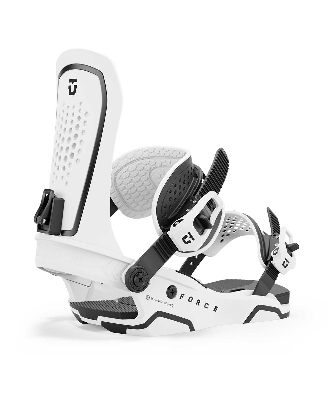 Union force 24/25 model snowboard bindings, matt white with black adjustable straps. black union force logos