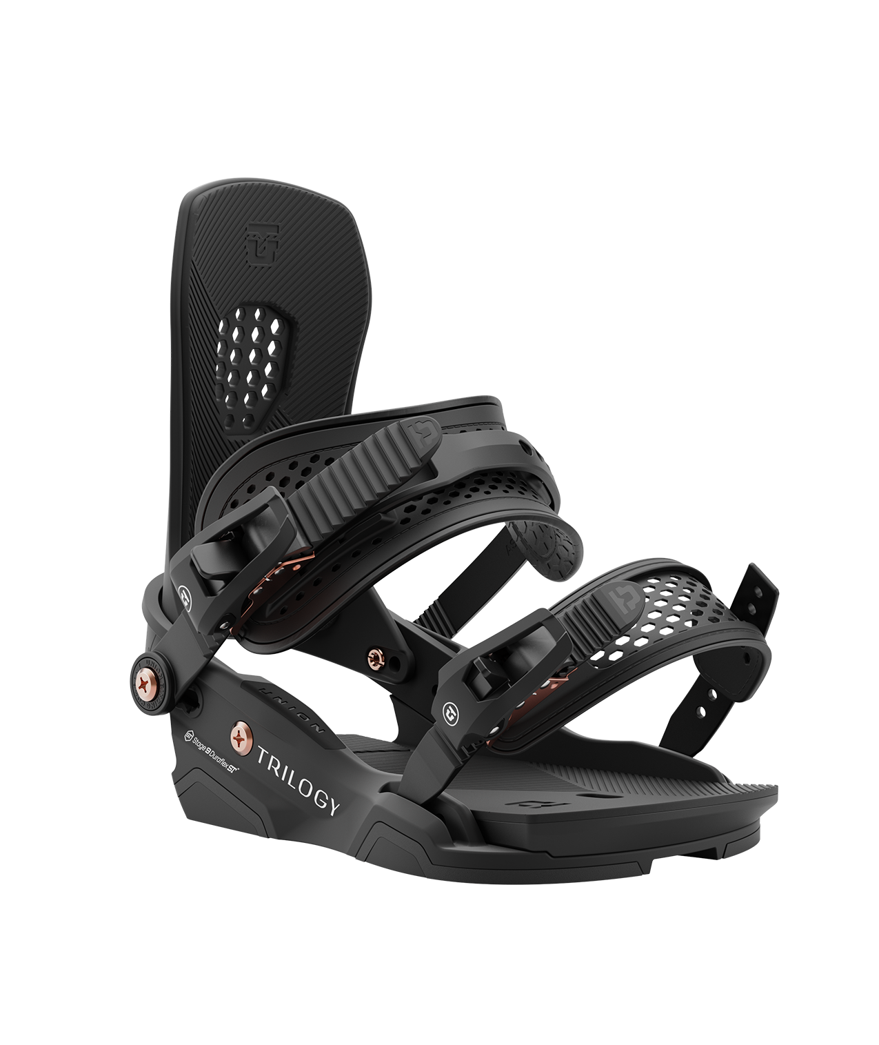 Union Trilogy 24/25 model snowboard bindings, matt black with black adjustable straps. white union trilogy logos