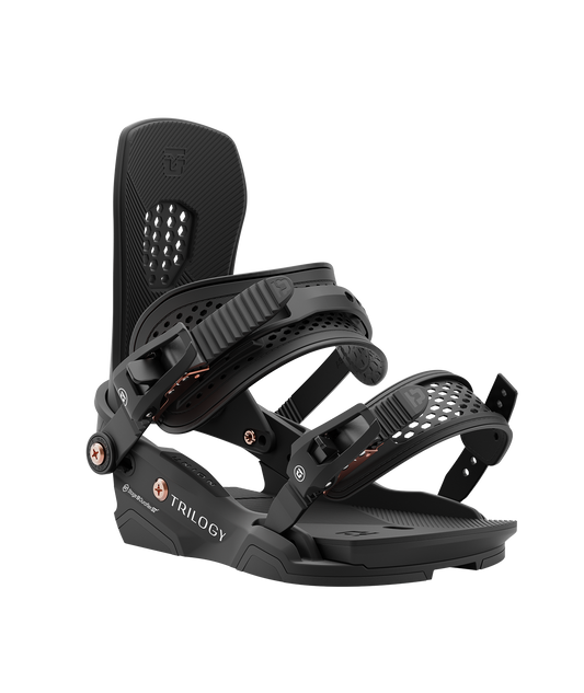 Union Trilogy 24/25 model snowboard bindings, matt black with black adjustable straps. white union trilogy logos