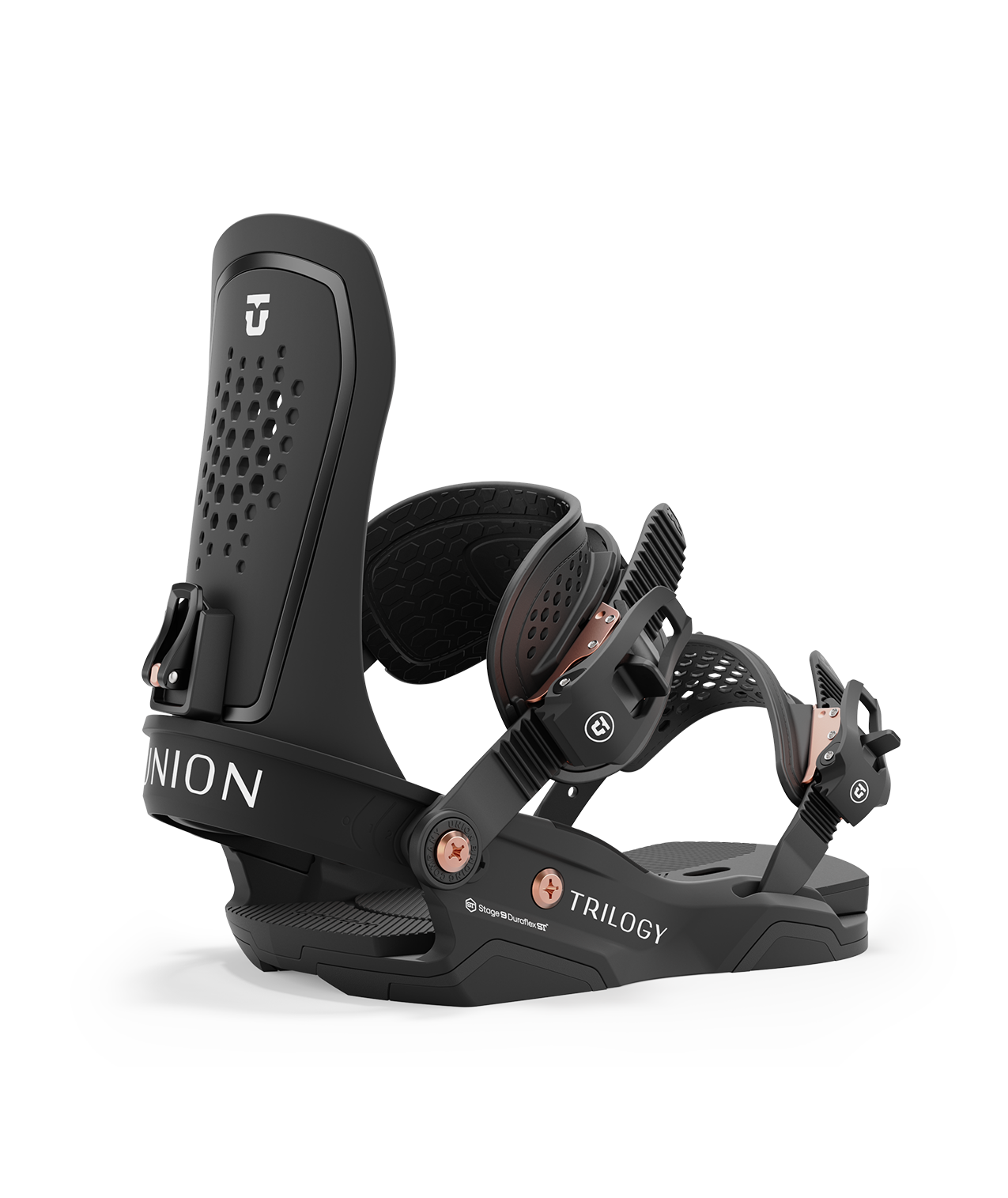 Union Trilogy 24/25 model snowboard bindings, matt black with black adjustable straps. white union trilogy logos