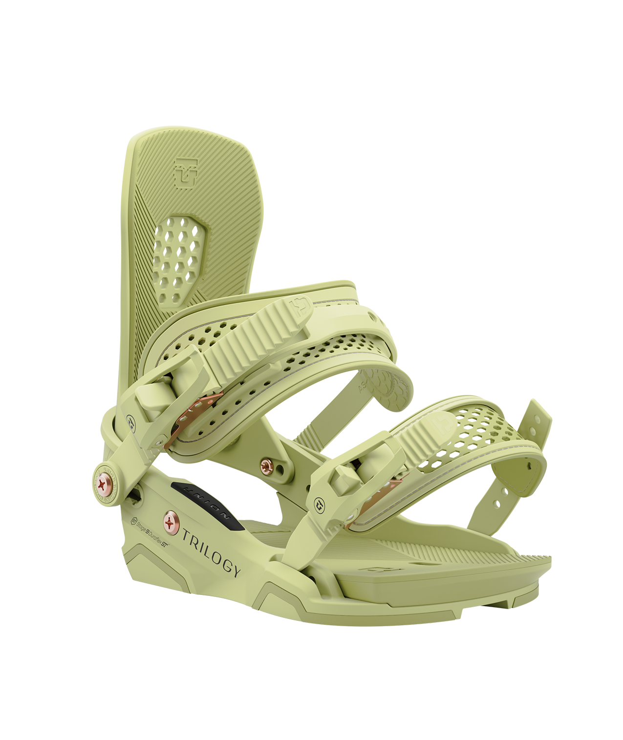 Union Trilogy 24/25 model snowboard bindings, matt green with green adjustable straps. black union trilogy logos