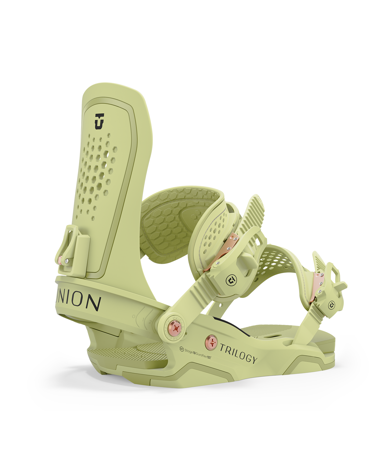 Union Trilogy 24/25 model snowboard bindings, matt green with green adjustable straps. black union trilogy logos