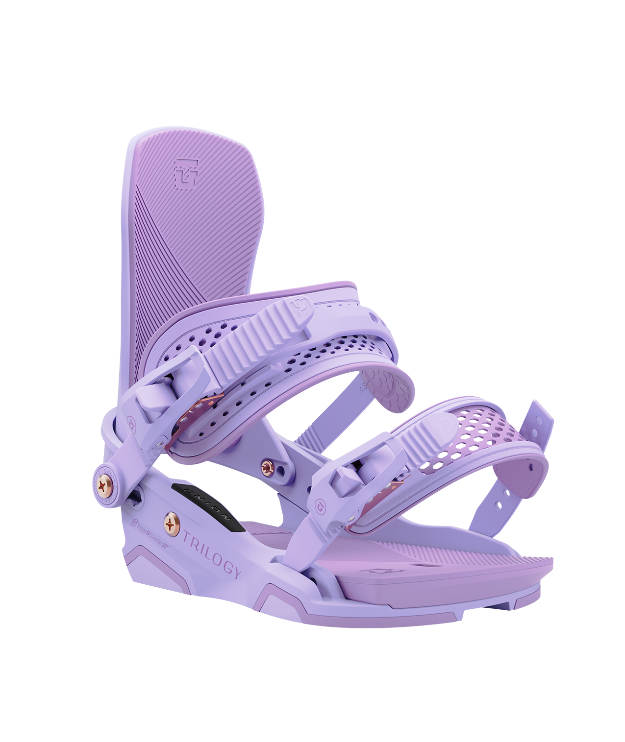 Union Trilogy (team HB) 24/25 model snowboard bindings, lavender with lavender adjustable straps. pink union trilogy logos