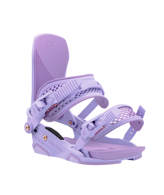 Union Trilogy (team HB) 24/25 model snowboard bindings, lavender with lavender adjustable straps. pink union trilogy logos