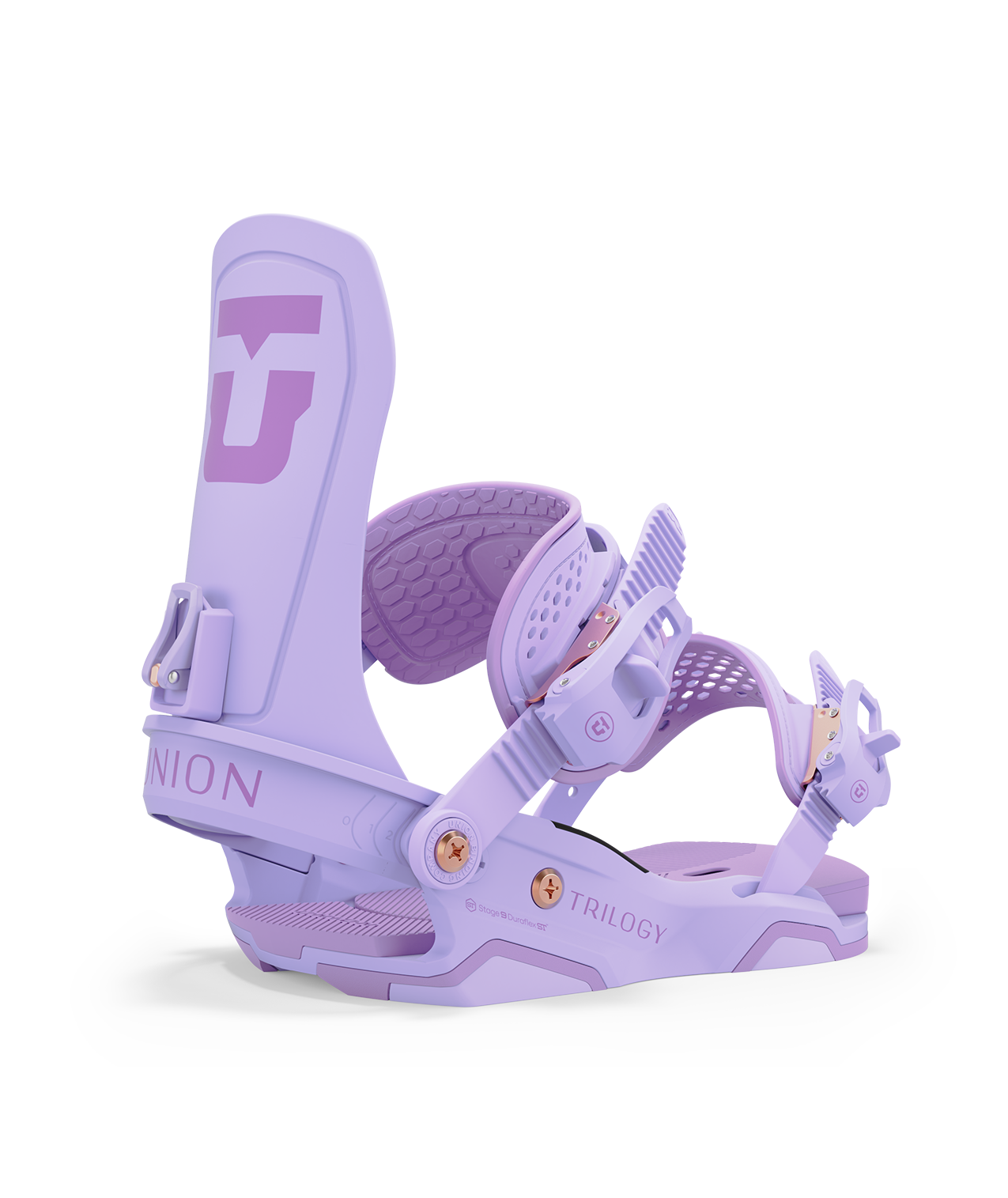 Union Trilogy (team HB) 24/25 model snowboard bindings, lavender with lavender adjustable straps. pink union trilogy logos