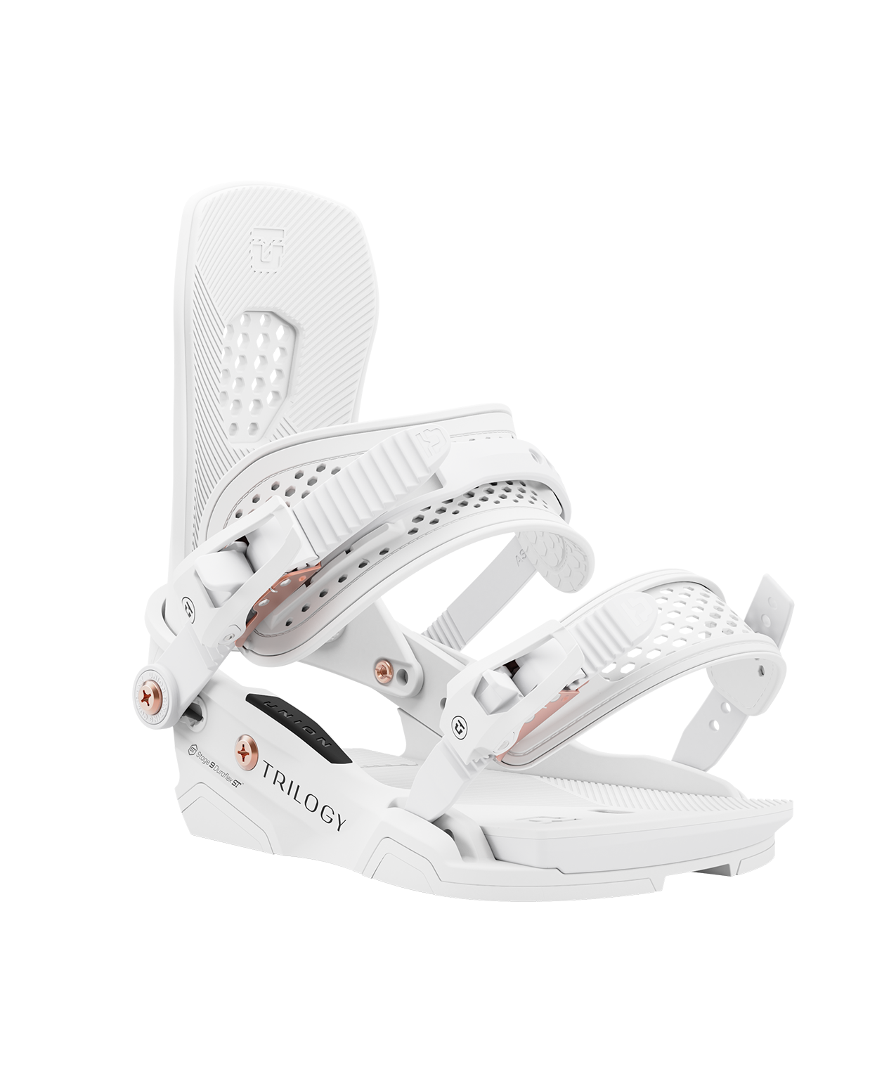 Union Trilogy 24/25 model snowboard bindings, matt white with white adjustable straps. black union trilogy logos