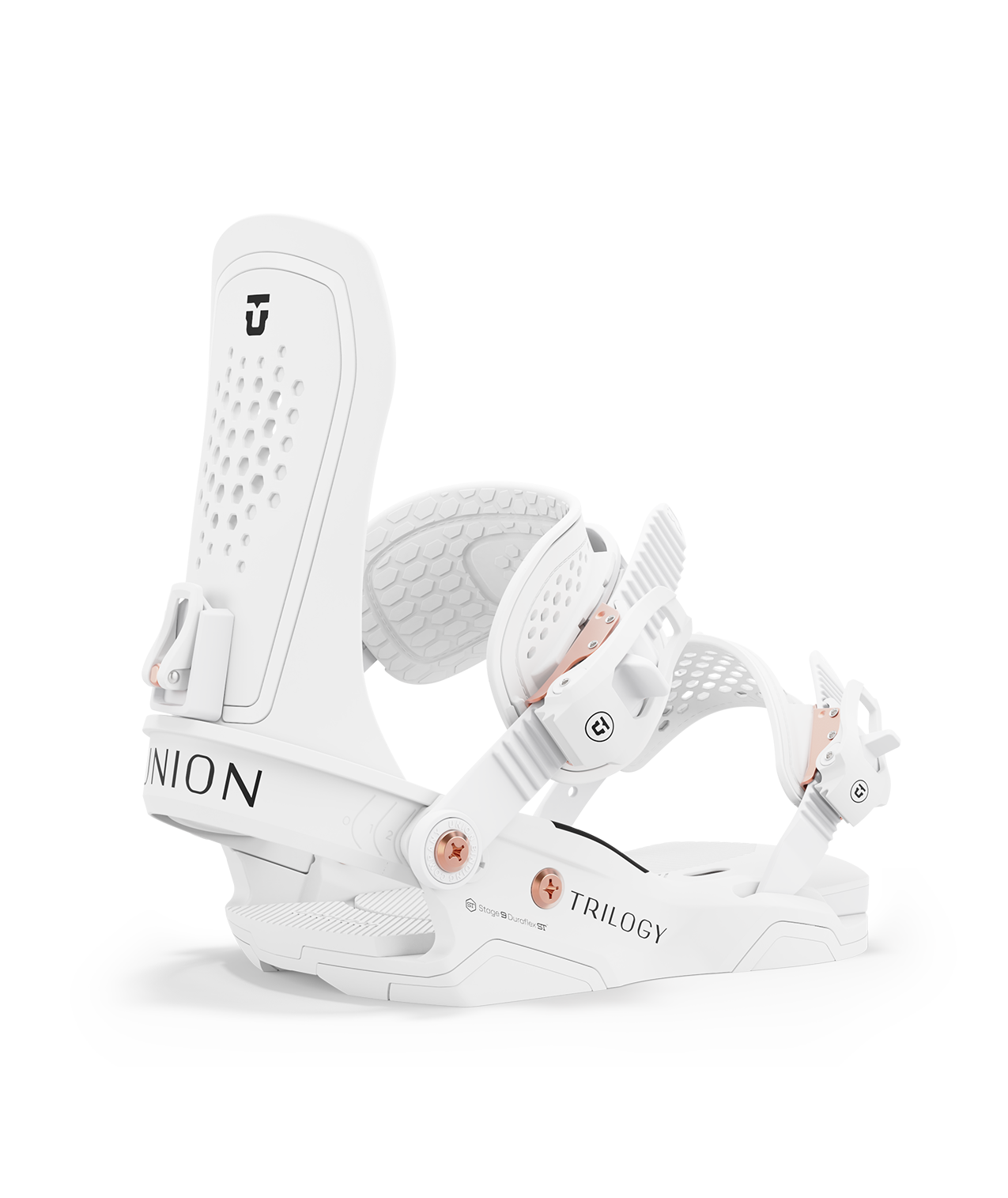 Union Trilogy 24/25 model snowboard bindings, matt white with white adjustable straps. black union trilogy logos