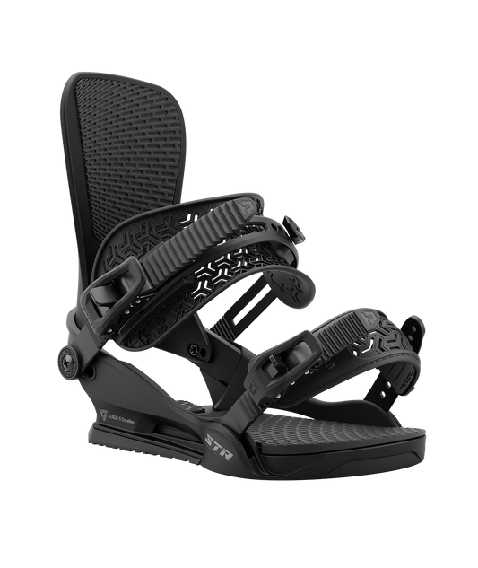Union str 24/25 model snowboard bindings, matt black with black adjustable straps. grey union str logos 