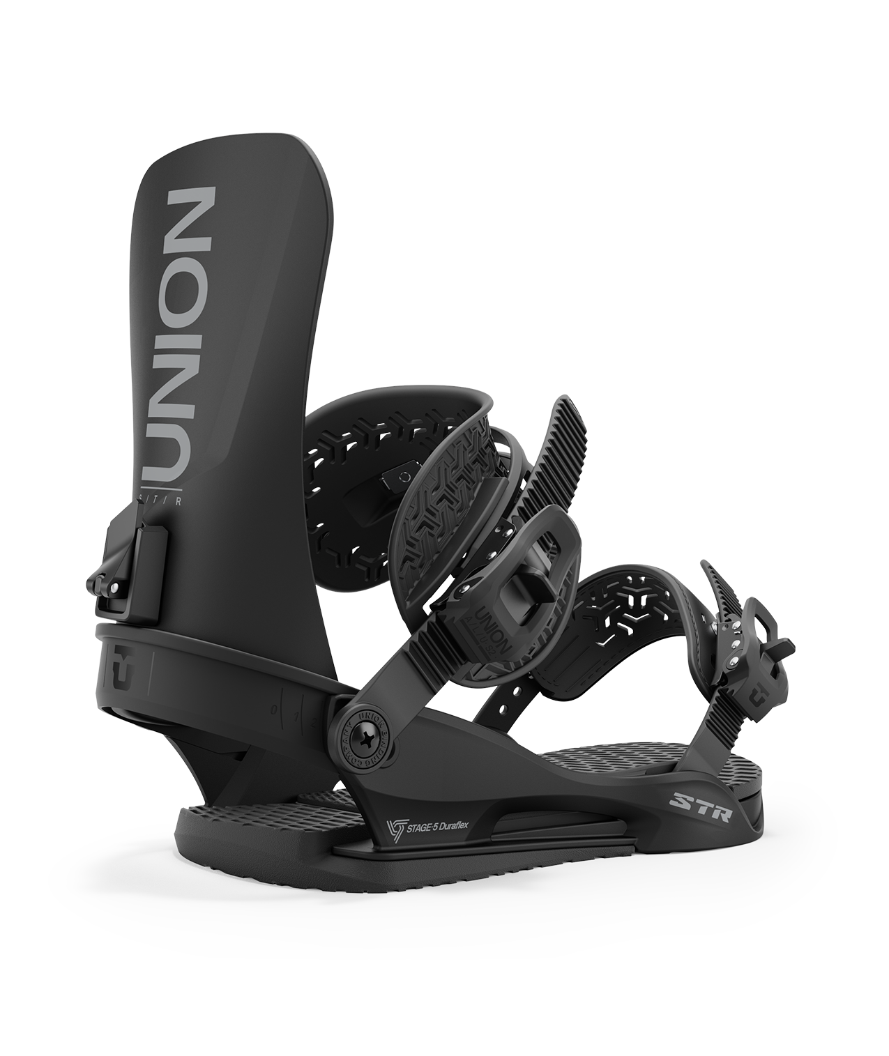 Union str 24/25 model snowboard bindings, matt black with black adjustable straps. grey union str logos