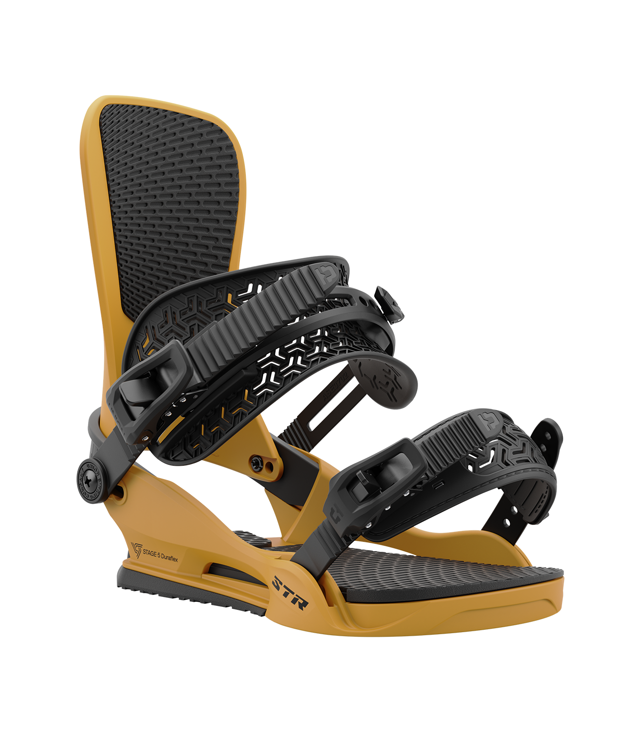 Union str 24/25 model snowboard bindings, matt mustard yellow with black adjustable straps. black union str logos