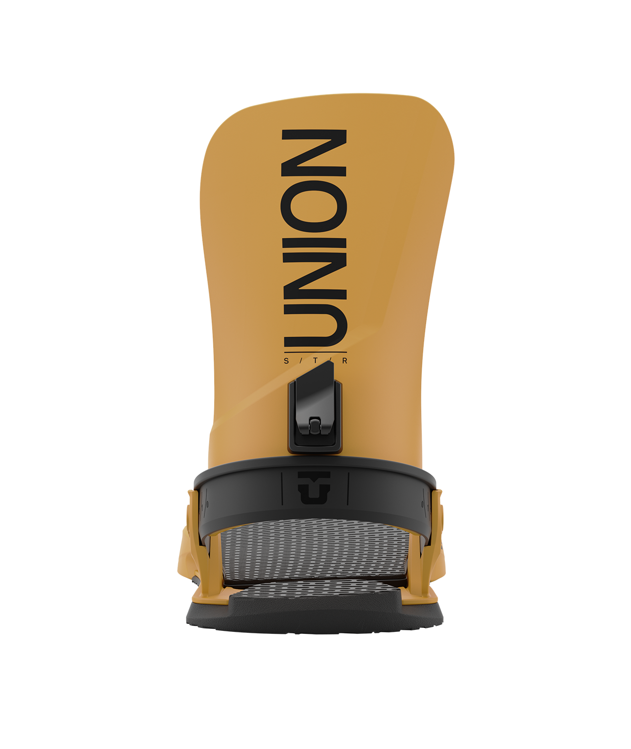 Union str 24/25 model snowboard bindings, matt mustard yellow with black adjustable straps. black union str logos