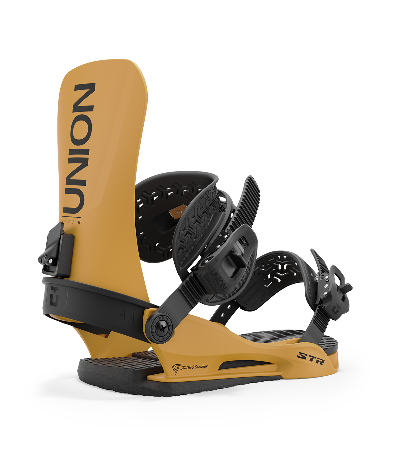 Union str 24/25 model snowboard bindings, matt mustard yellow with black adjustable straps. black union str logos