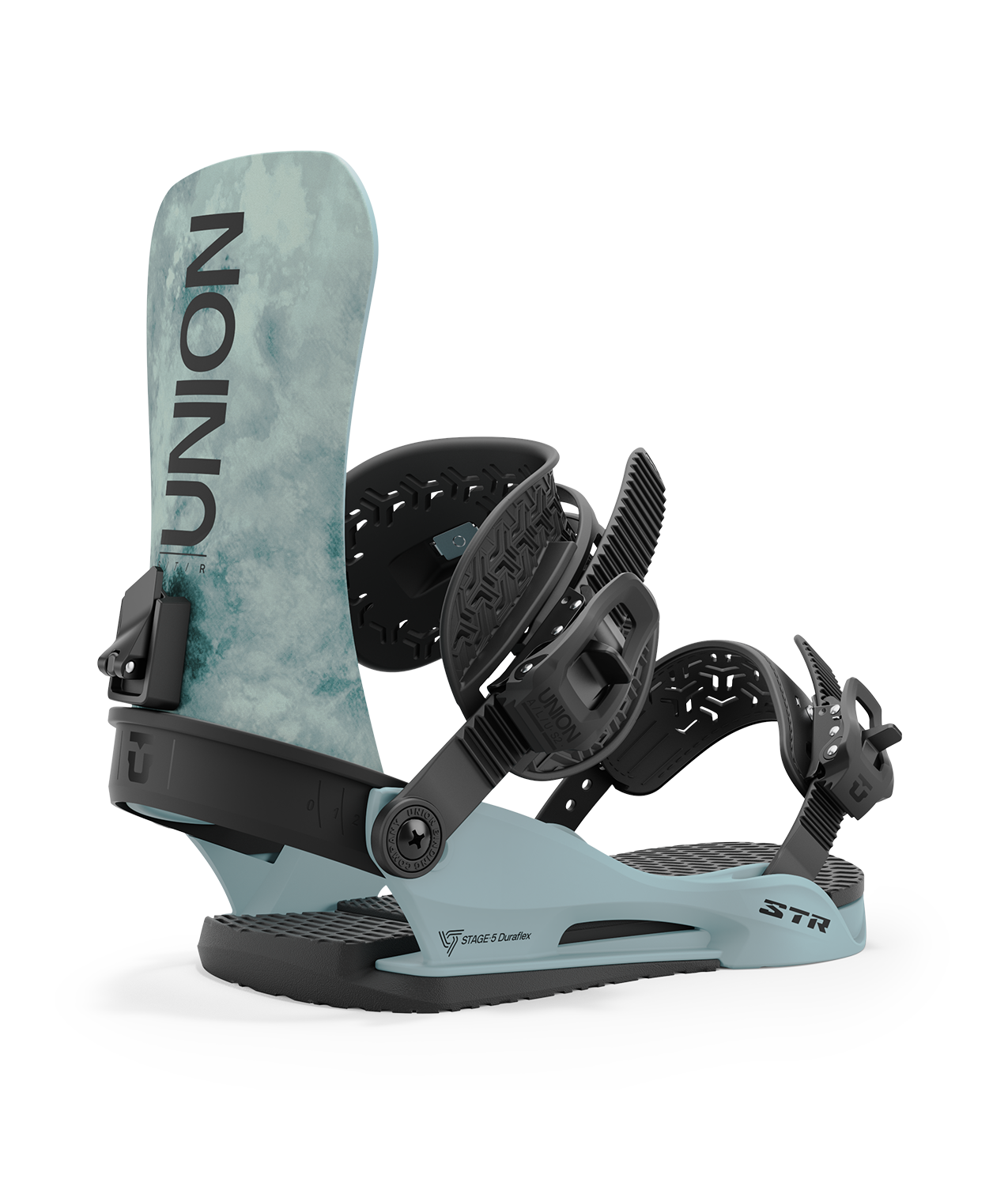 Union str 24/25 model snowboard bindings, matt tie-dye with black adjustable straps. black union str logos 