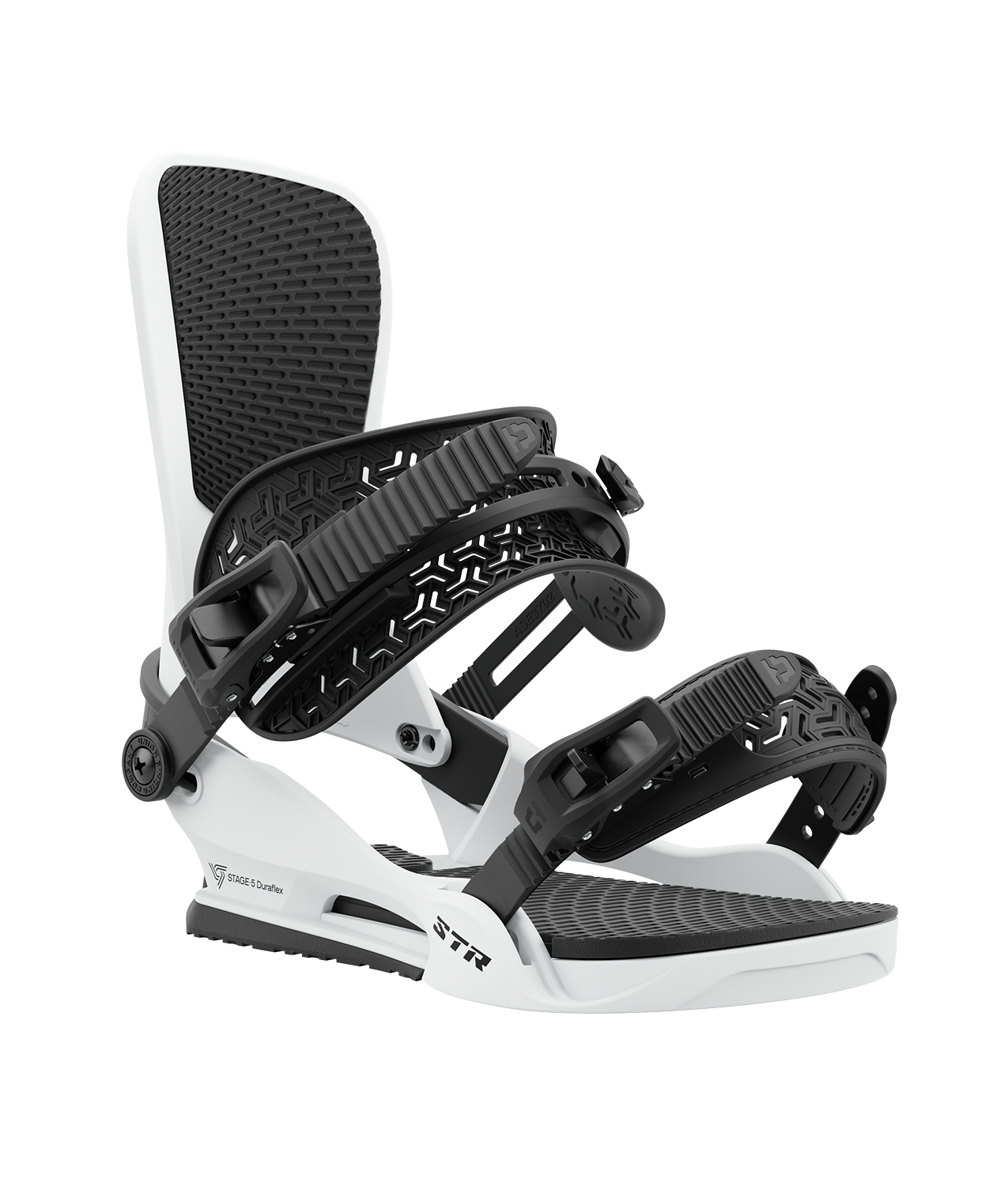 Union str 24/25 model snowboard bindings, matt white with black adjustable straps. black union str logos