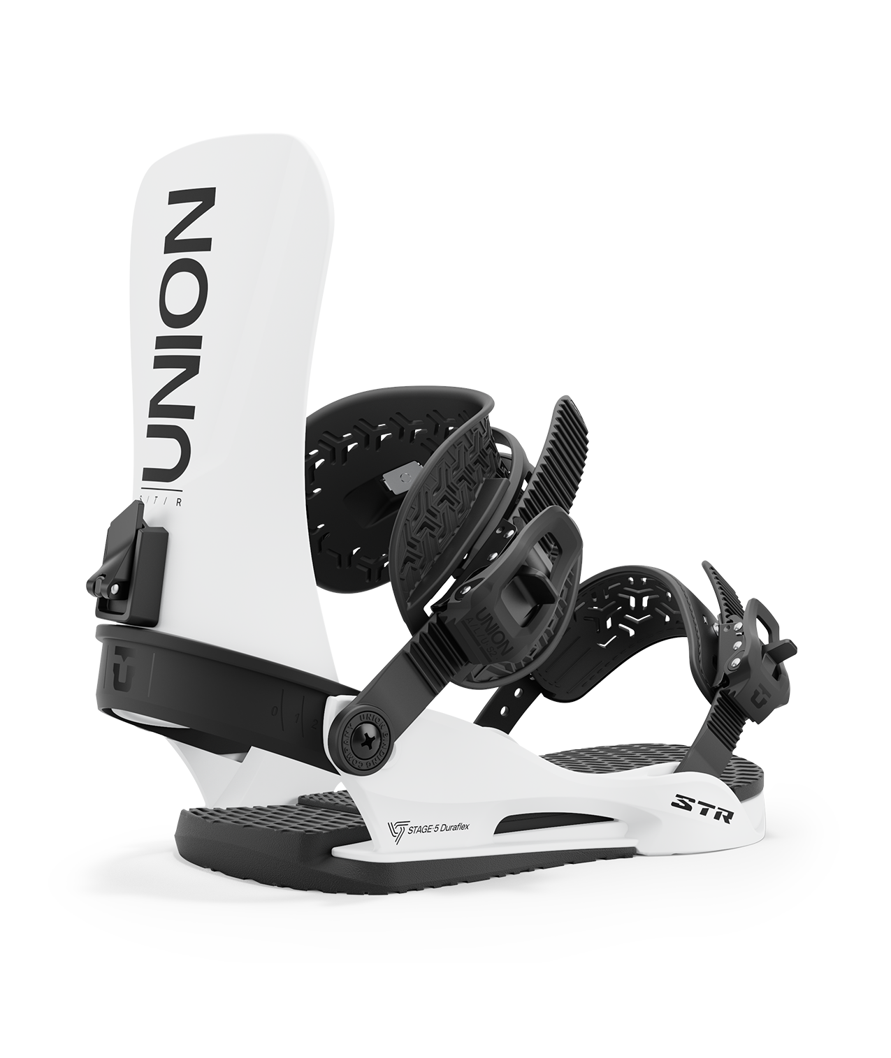 Union str 24/25 model snowboard bindings, matt white with black adjustable straps. black union str logos