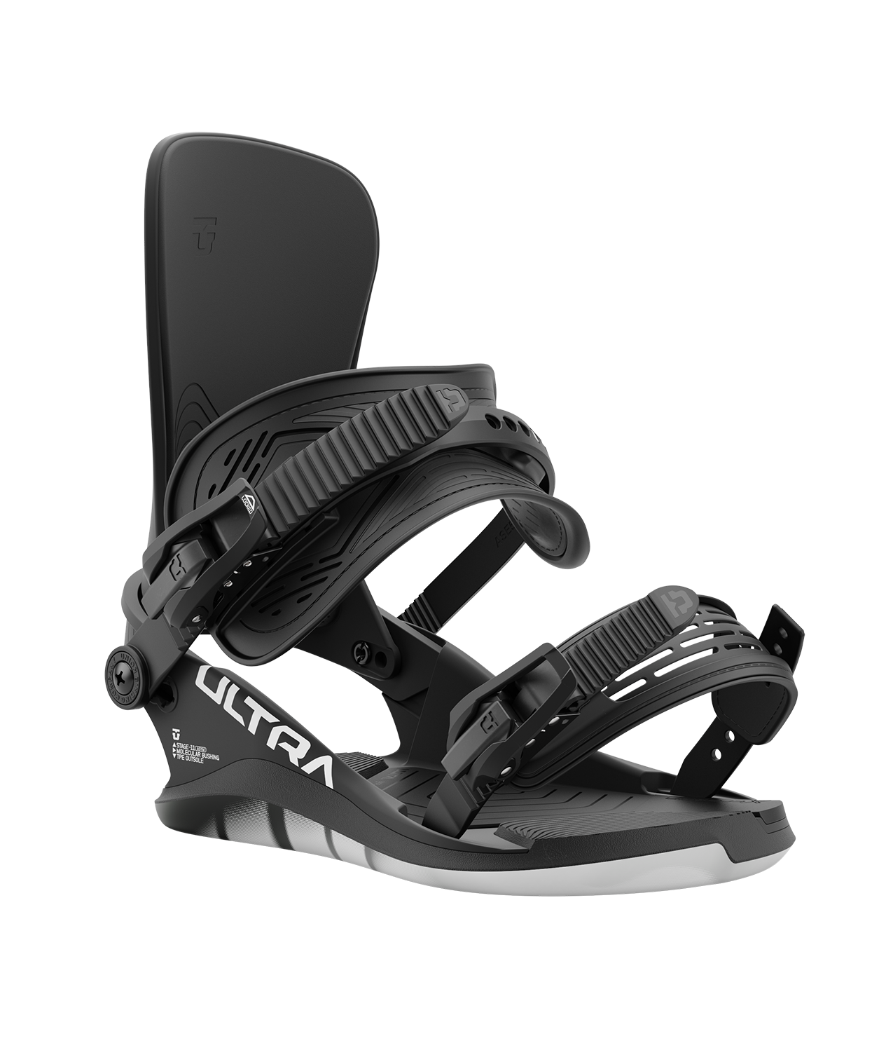 Union ultra 24/25 model snowboard bindings, matt black with black adjustable straps. white union ultra logos