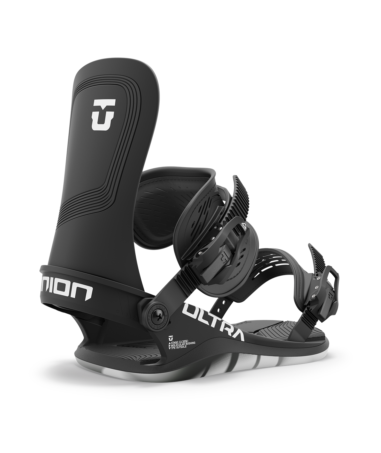 Union ultra 24/25 model snowboard bindings, matt black with black adjustable straps. white union ultra logos