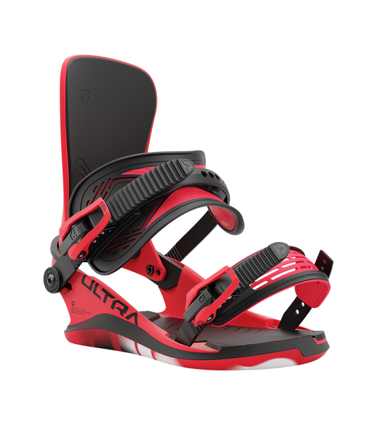 Union ultra 24/25 model snowboard bindings, matt hot red with black adjustable straps. black union ultra logos