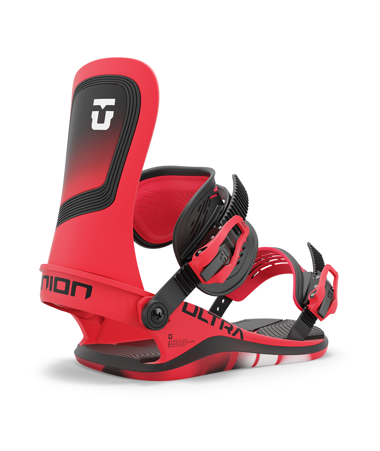 Union ultra 24/25 model snowboard bindings, matt hot red with black adjustable straps. black union ultra logos