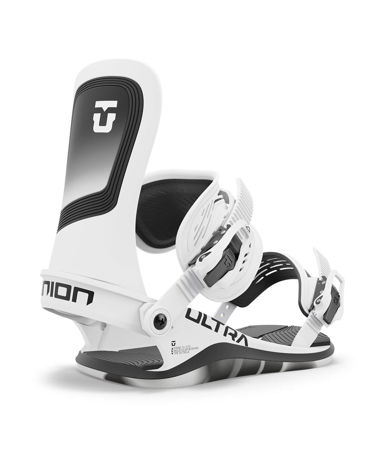 Union ultra 24/25 model snowboard bindings, matt white with white adjustable straps. black union ultra logos