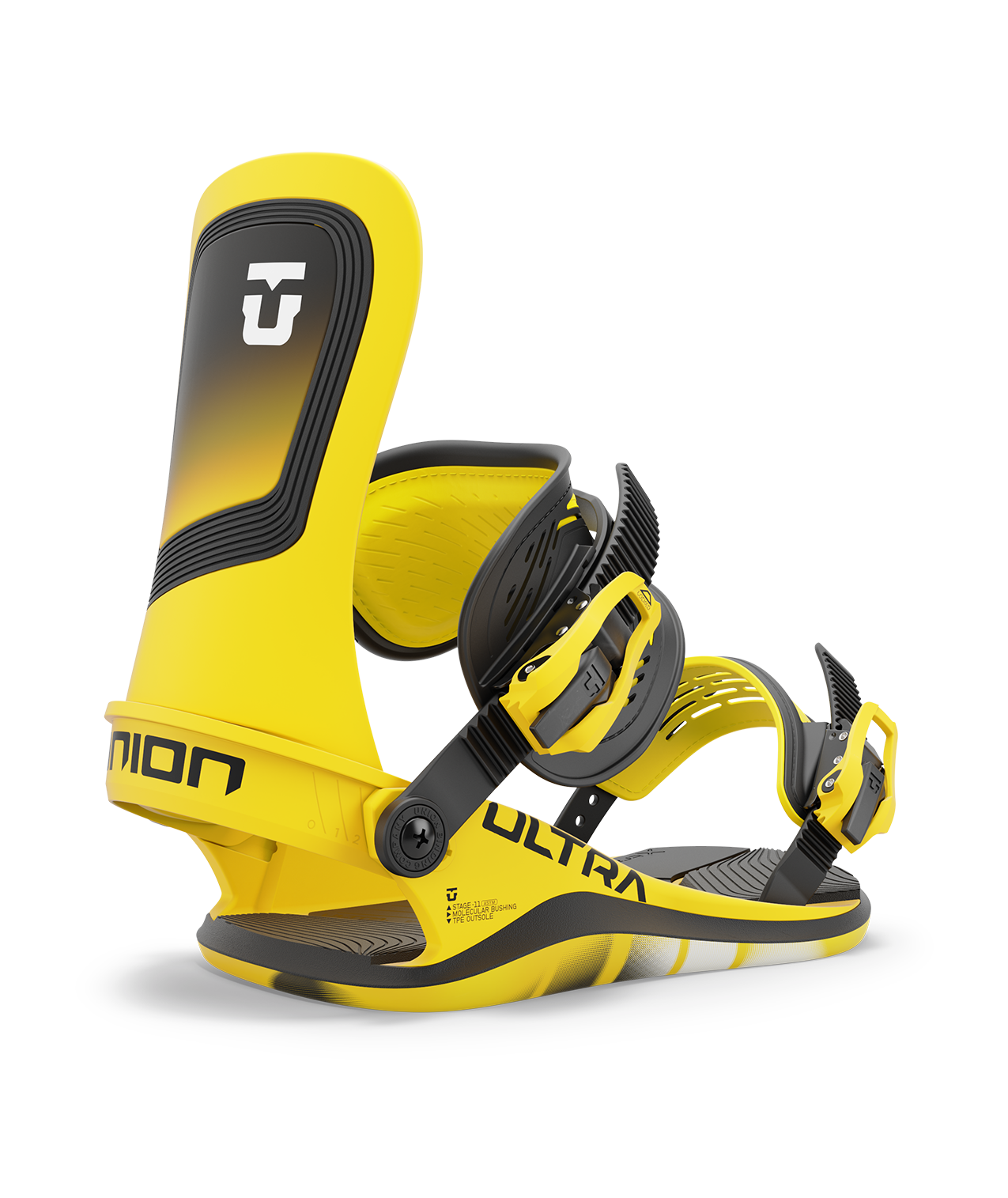 Union ultra 24/25 model snowboard bindings, matt yellow with black adjustable straps. black union ultra logos