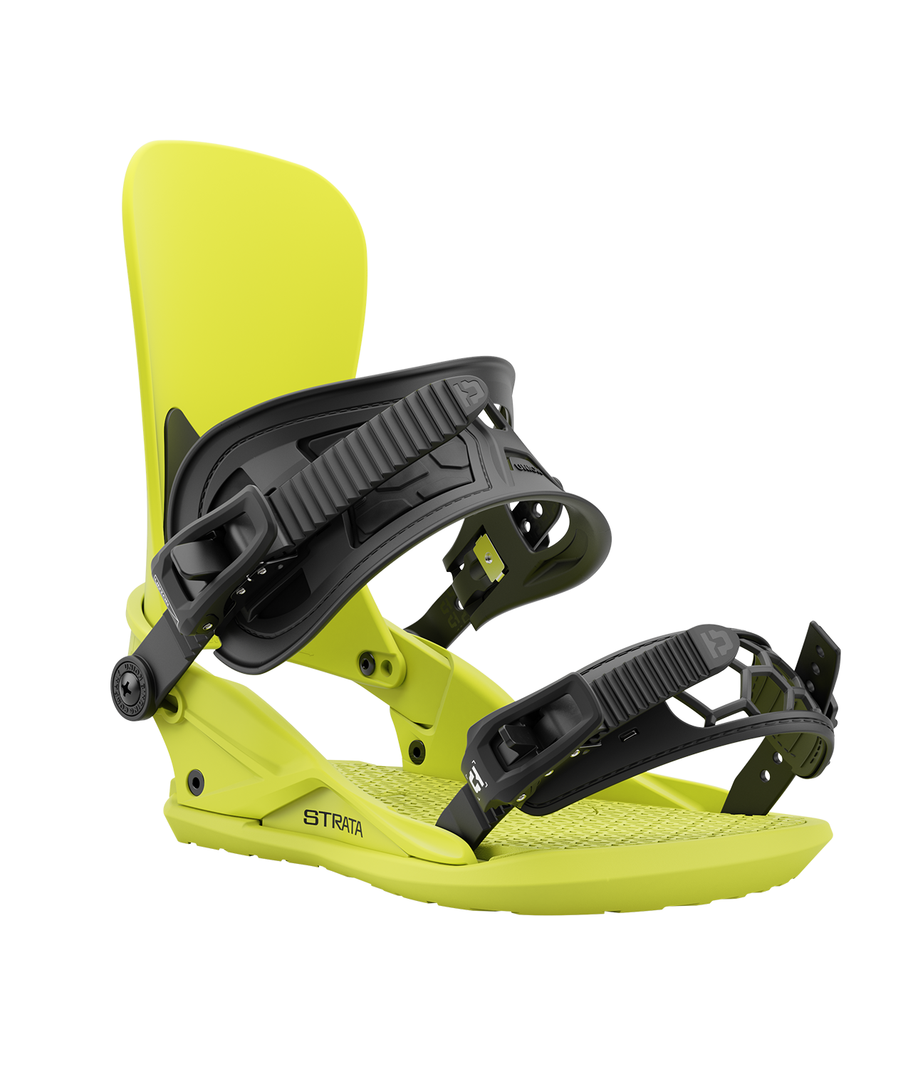 Union strata 24/25 model snowboard bindings, matt acid green with black adjustable straps. black union strata logos