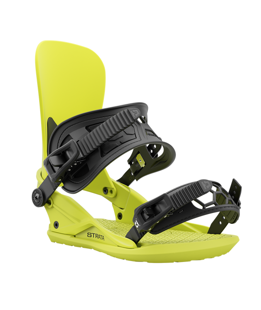 Union strata 24/25 model snowboard bindings, matt acid green with black adjustable straps. black union strata logos