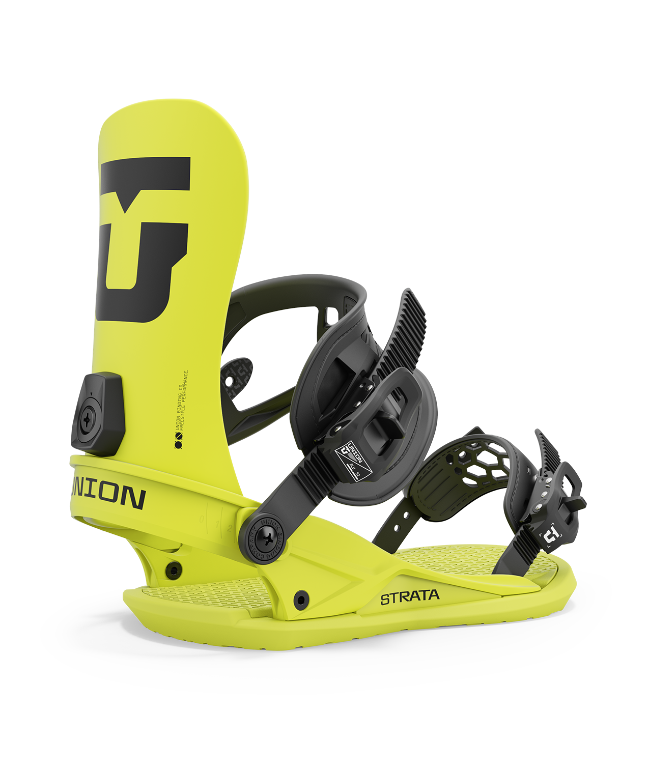 Union strata 24/25 model snowboard bindings, matt acid green with black adjustable straps. black union strata logos