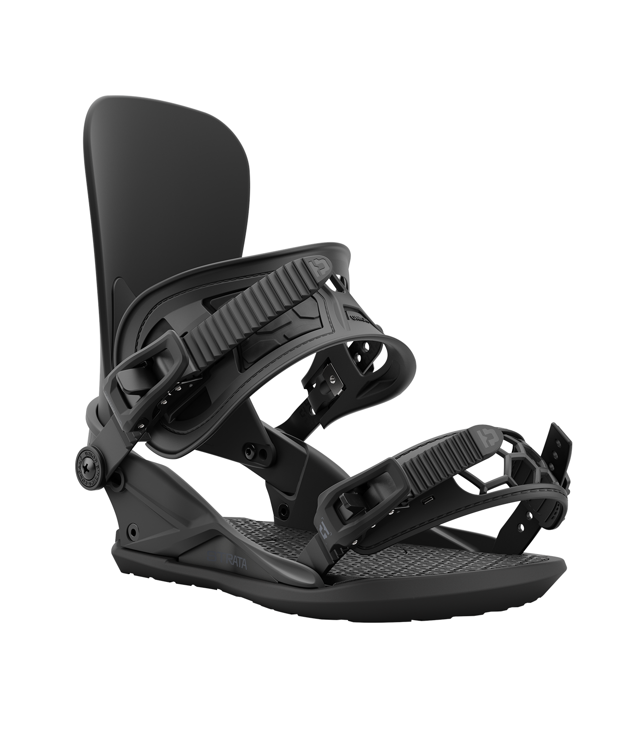 Union strata 24/25 model snowboard bindings, matt black with black adjustable straps. grey union strata logos