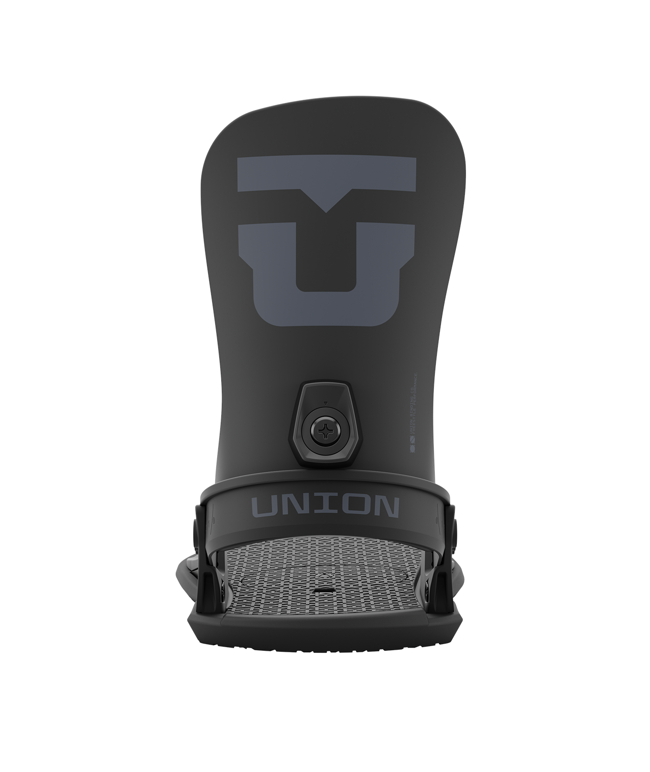 Union strata 24/25 model snowboard bindings, matt black with black adjustable straps. grey union strata logos