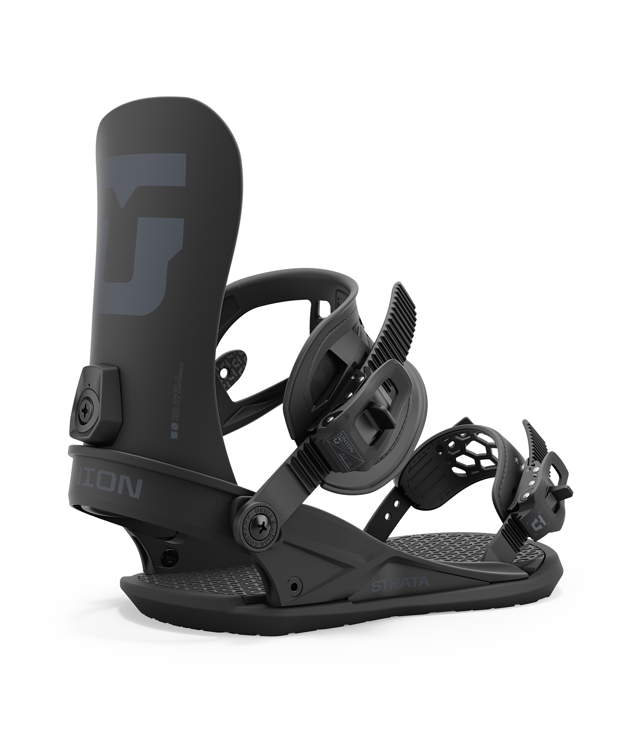 Union strata 24/25 model snowboard bindings, matt black with black adjustable straps. grey union strata logos