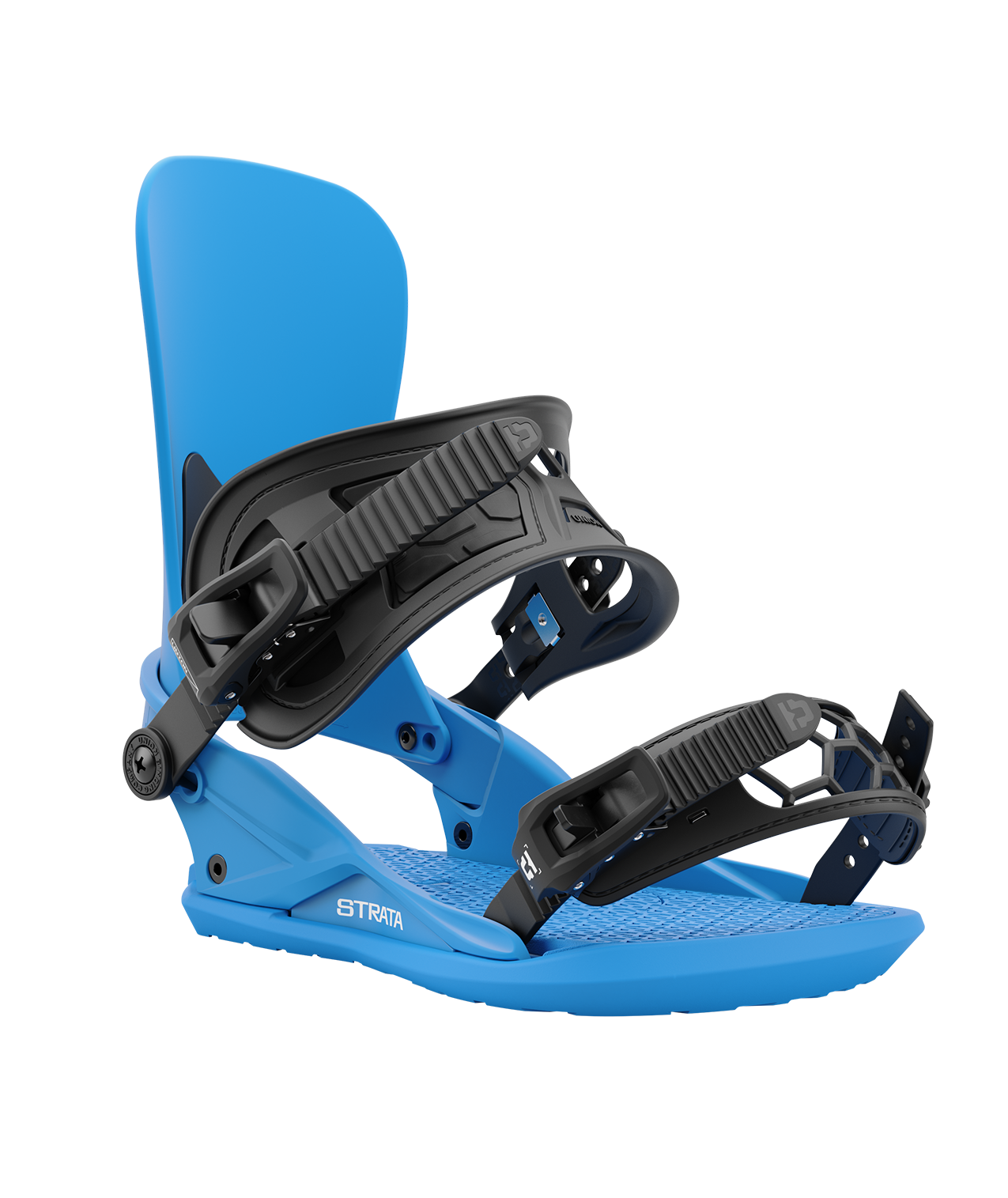 Union strata 24/25 model snowboard bindings, matt blue with black adjustable straps. white union strata logos