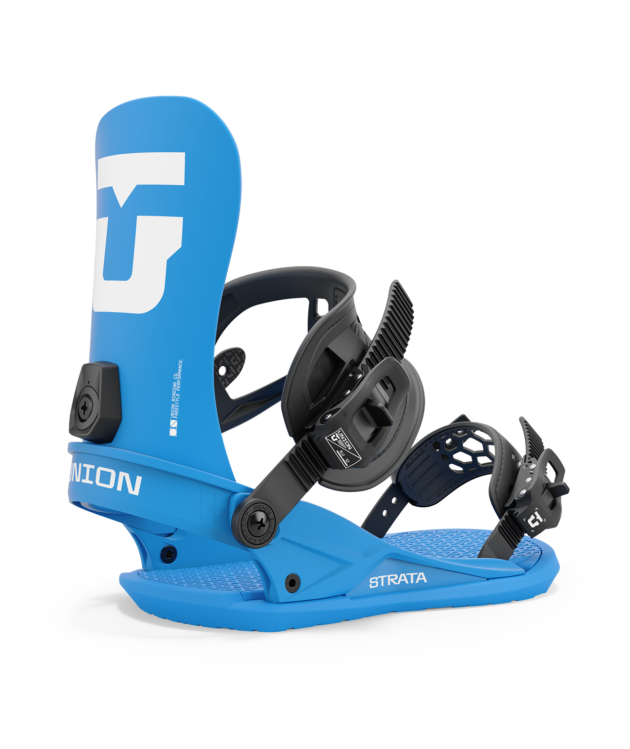 Union strata 24/25 model snowboard bindings, matt blue with black adjustable straps. white union strata logos