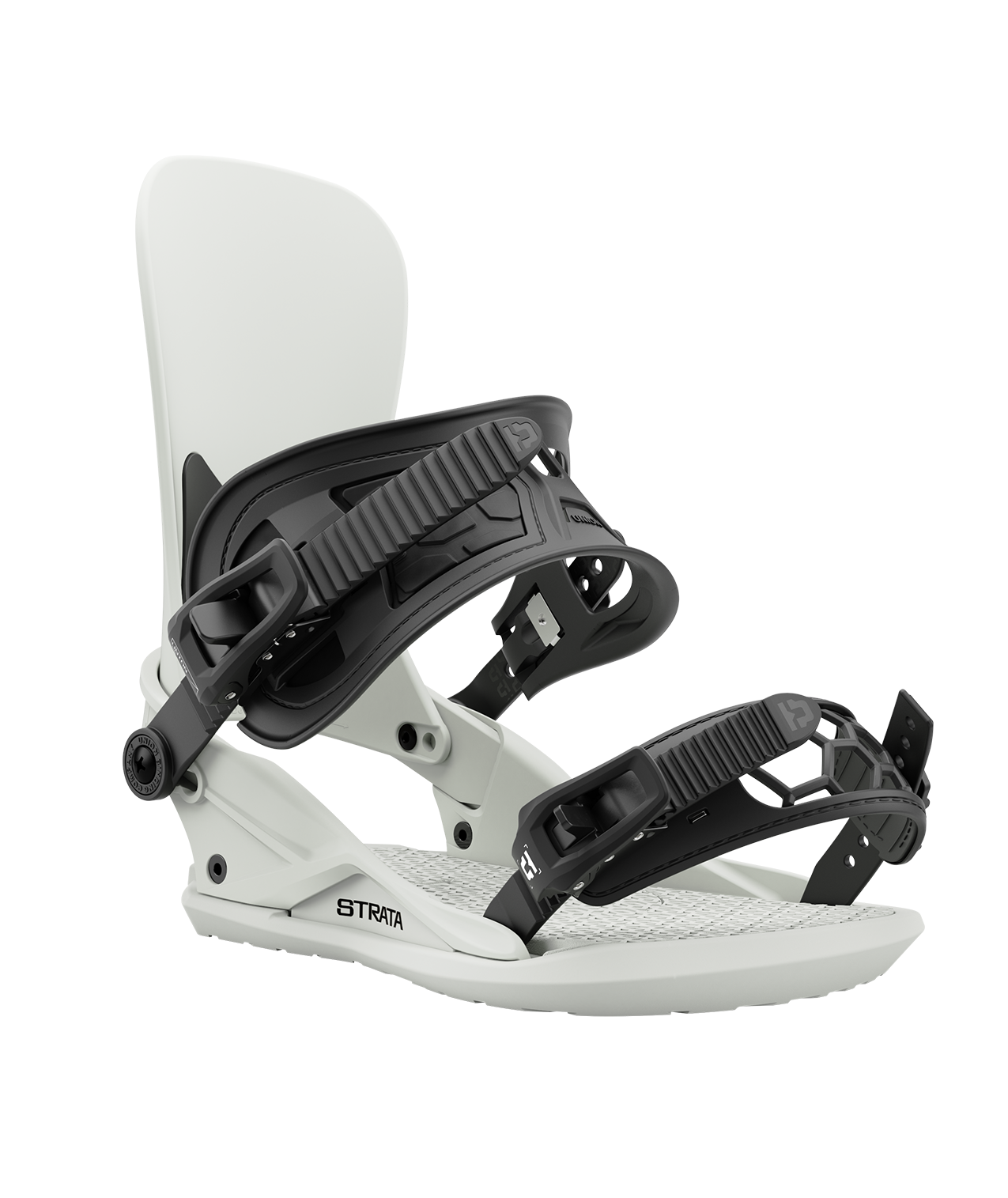 Union strata 24/25 model snowboard bindings, matt bone white with black adjustable straps. black union strata logos