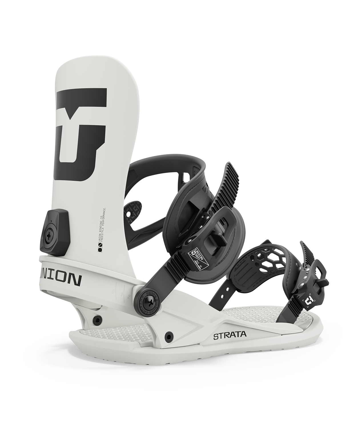 Union strata 24/25 model snowboard bindings, matt bone white with black adjustable straps. black union strata logos