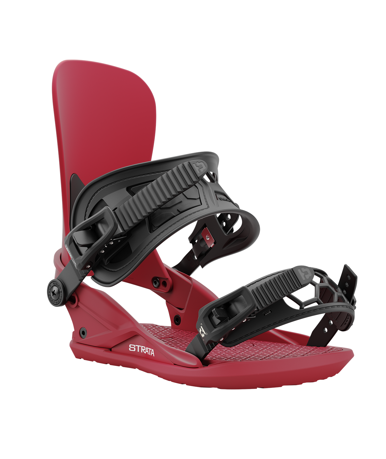 Union strata 24/25 model snowboard bindings, matt burgundy with black adjustable straps. white union strata logos