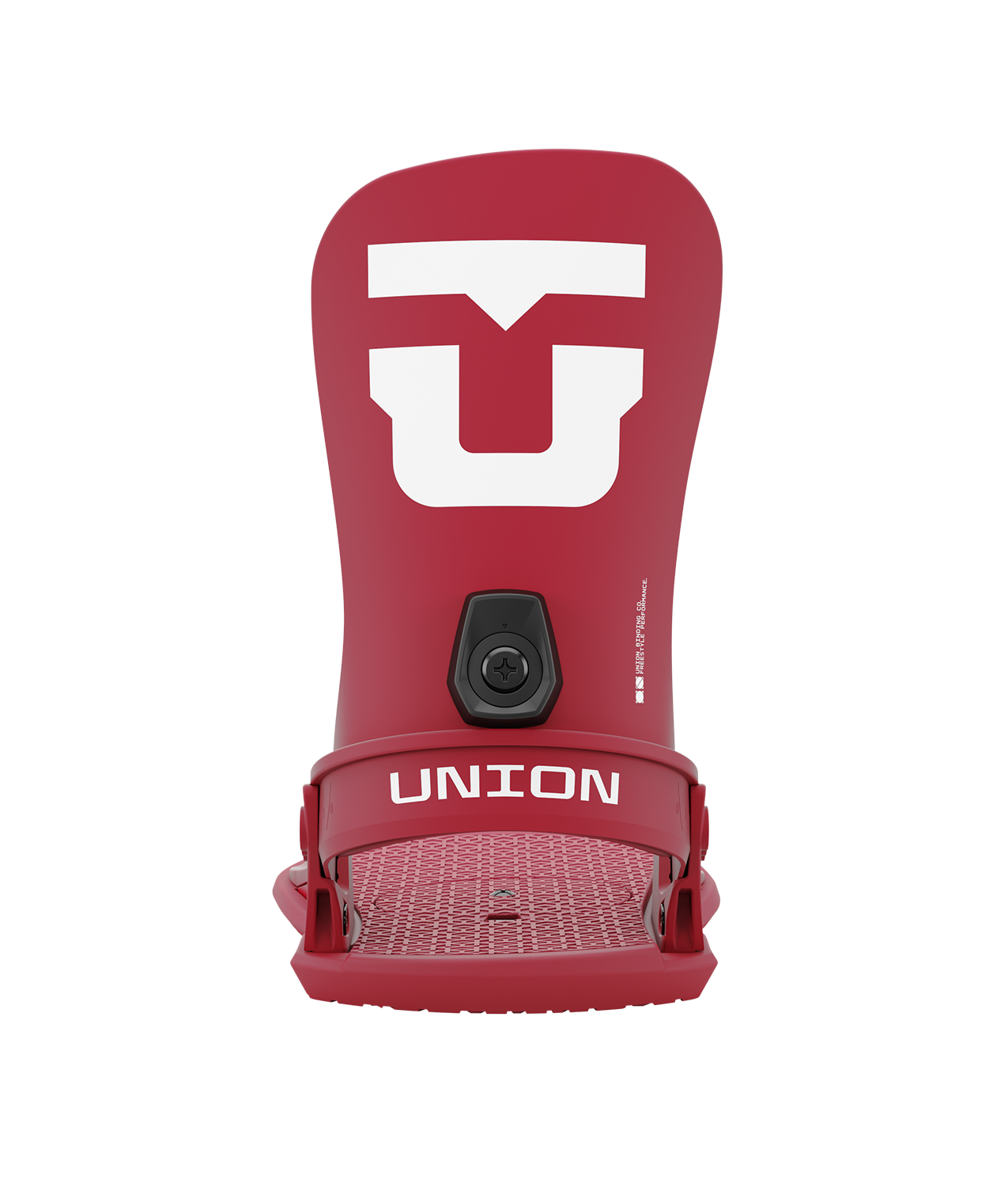 Union strata 24/25 model snowboard bindings, matt burgundy with black adjustable straps. white union strata logos