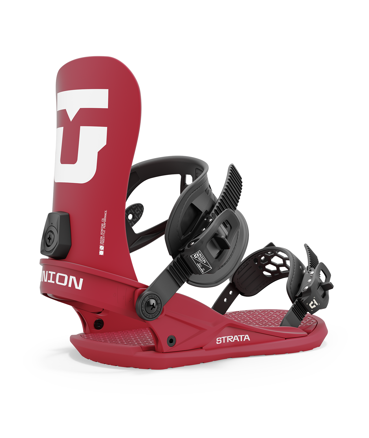 Union strata 24/25 model snowboard bindings, matt burgundy with black adjustable straps. white union strata logos