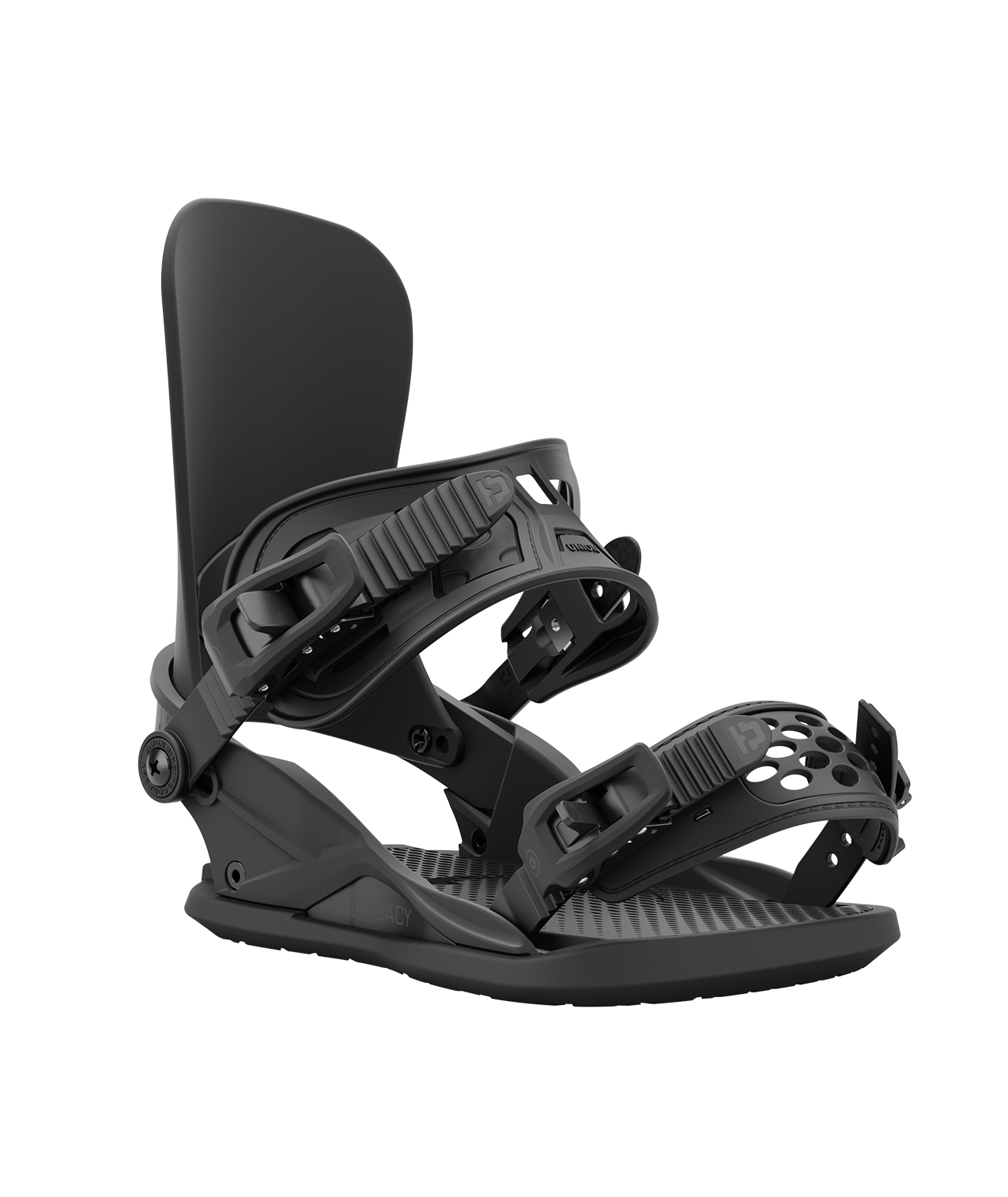 Union legacy 24/25 model snowboard bindings, matt black with black adjustable straps. grey union legacy logos