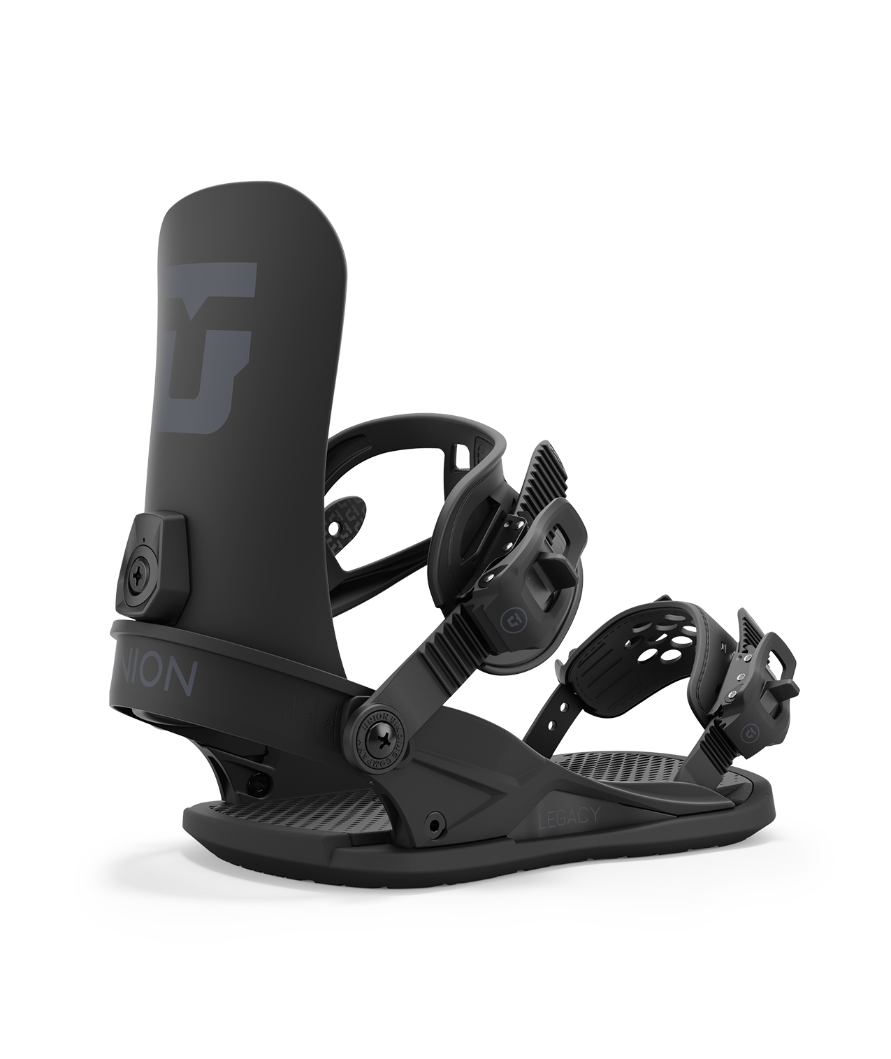 Union legacy 24/25 model snowboard bindings, matt black with black adjustable straps. grey union legacy logos