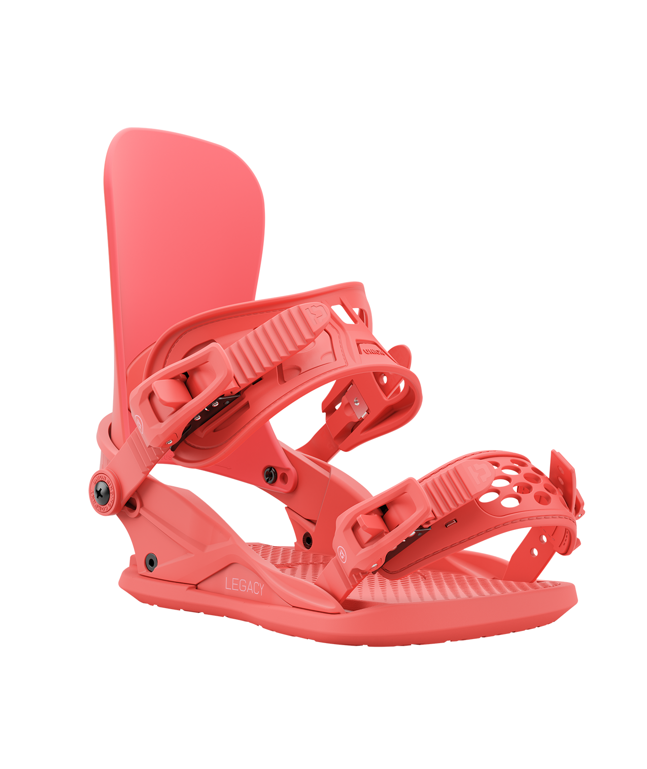 Union legacy 24/25 model snowboard bindings, matt coral with coral adjustable straps. pink union legacy logos