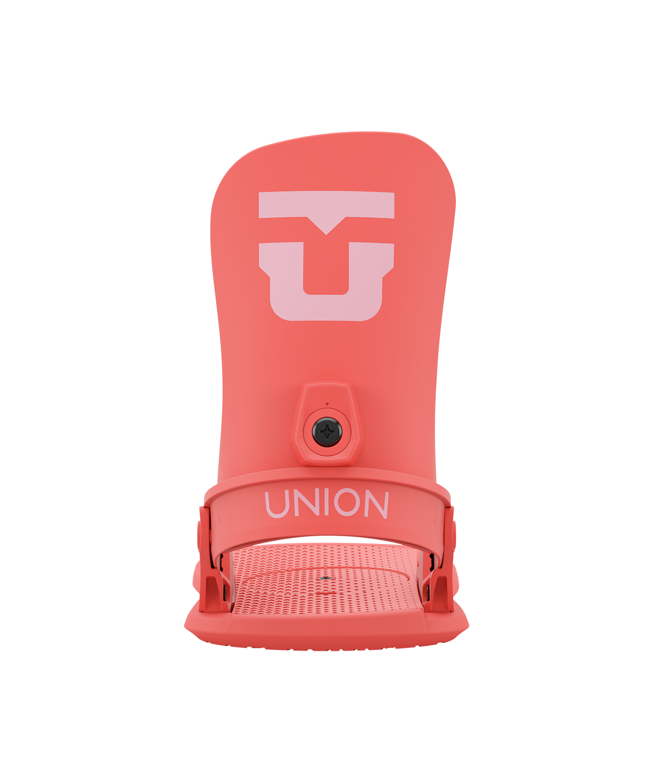 Union legacy 24/25 model snowboard bindings, matt coral with coral adjustable straps. pink union legacy logos