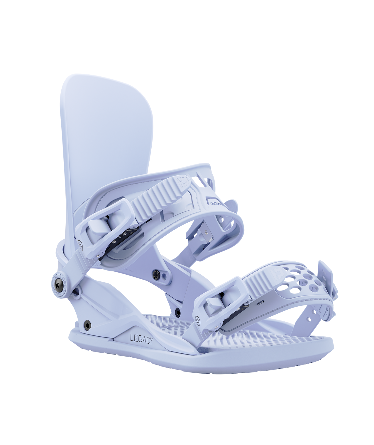 Union legacy 24/25 model snowboard bindings, matt light blue with light blue adjustable straps. black union legacy logos