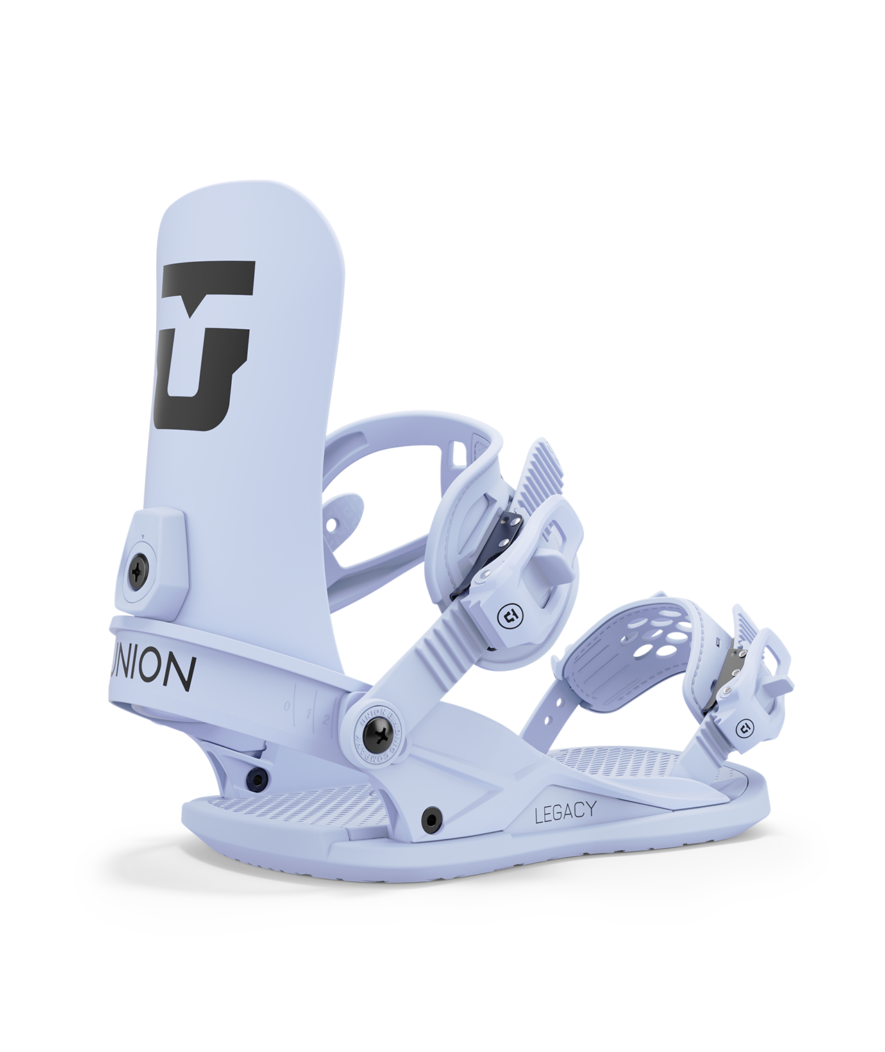 Union legacy 24/25 model snowboard bindings, matt light blue with light blue adjustable straps. black union legacy logos