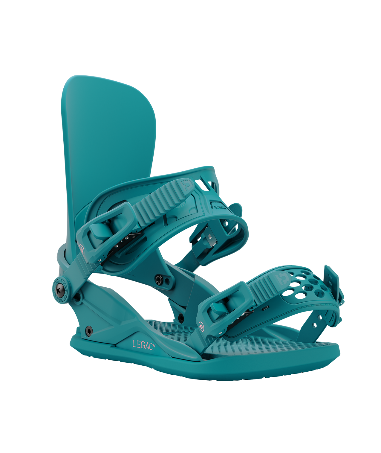 Union legacy 24/25 model snowboard bindings, matt teal with teal adjustable straps. pink union legacy logos