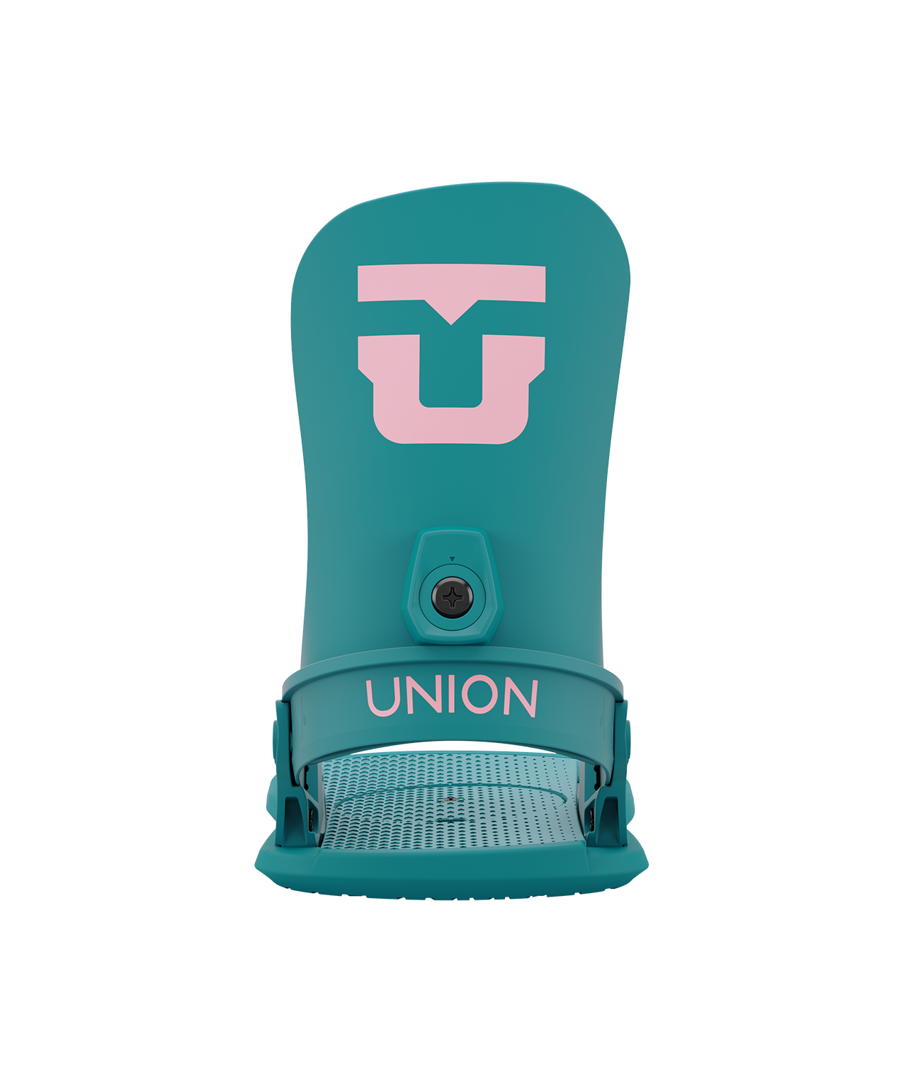 Union legacy 24/25 model snowboard bindings, matt teal with teal adjustable straps. pink union legacy logos