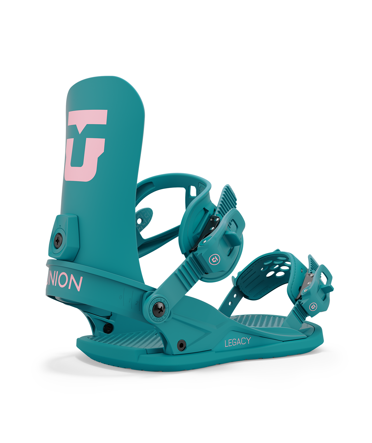 Union legacy 24/25 model snowboard bindings, matt teal with teal adjustable straps. pink union legacy logos